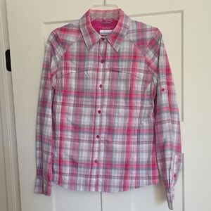 Women's Plaid Button-Down Blouse in Pink and Gray
